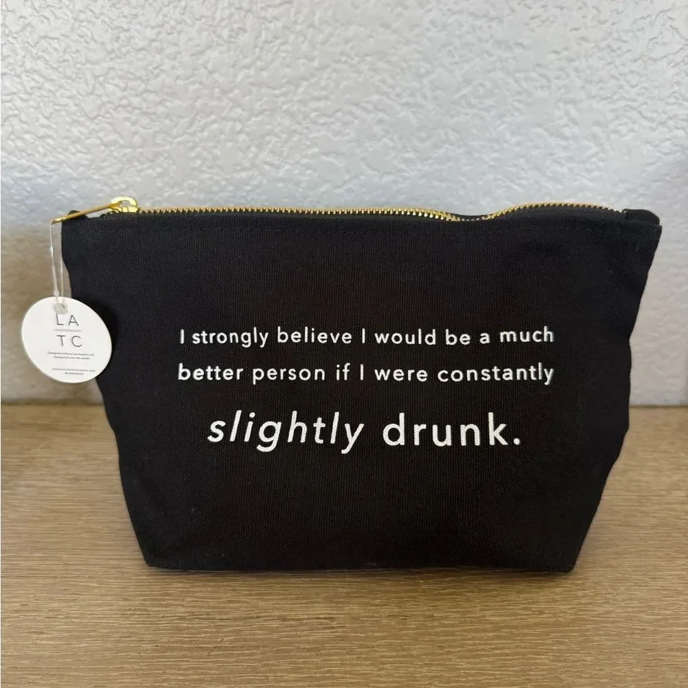 Slightly Drunk Black Canvas Zipper Pouch Makeup Bag LATC